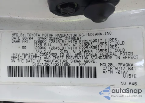 2004 Toyota Sienna Xle Limited z USA, uszkodzony, nr VIN 5TDZA22C44S211082